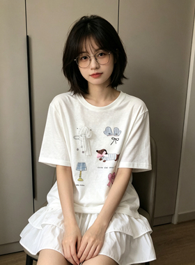 白色腊肠狗减龄卡通印花短袖T恤女夏季雪花棉宽松百搭半袖