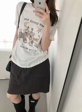 韩系卡通小狗印花白色正肩短袖女t恤夏薄款显瘦雪花棉体恤上衣女