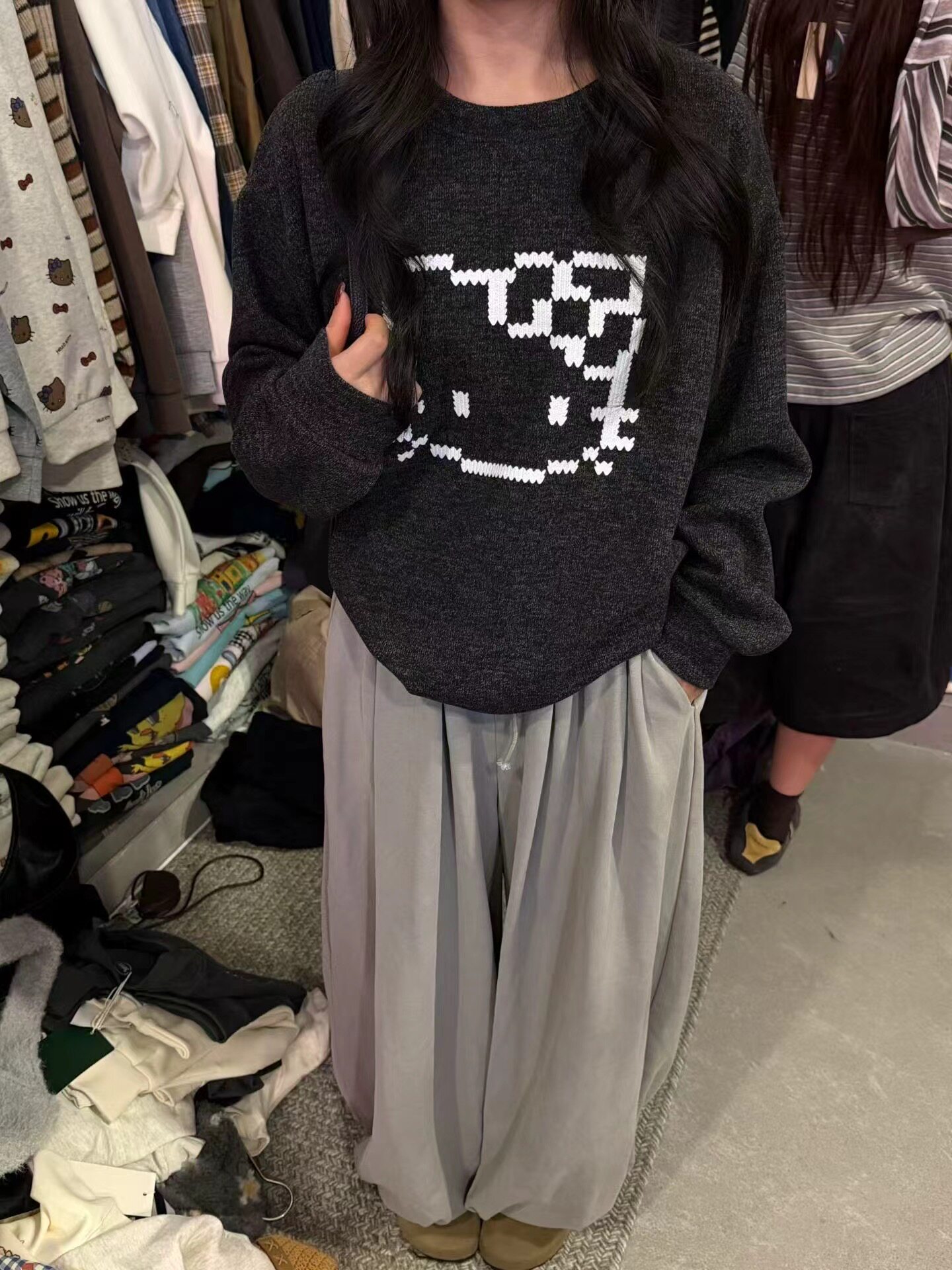 2026早秋款上衣女休闲百搭宽松圆领韩版显瘦印花减龄套头长袖打底