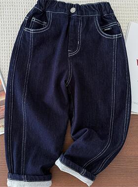 G男童保暖牛仔裤中大童双层夹裤男孩不易褪色深蓝色加厚休闲长裤