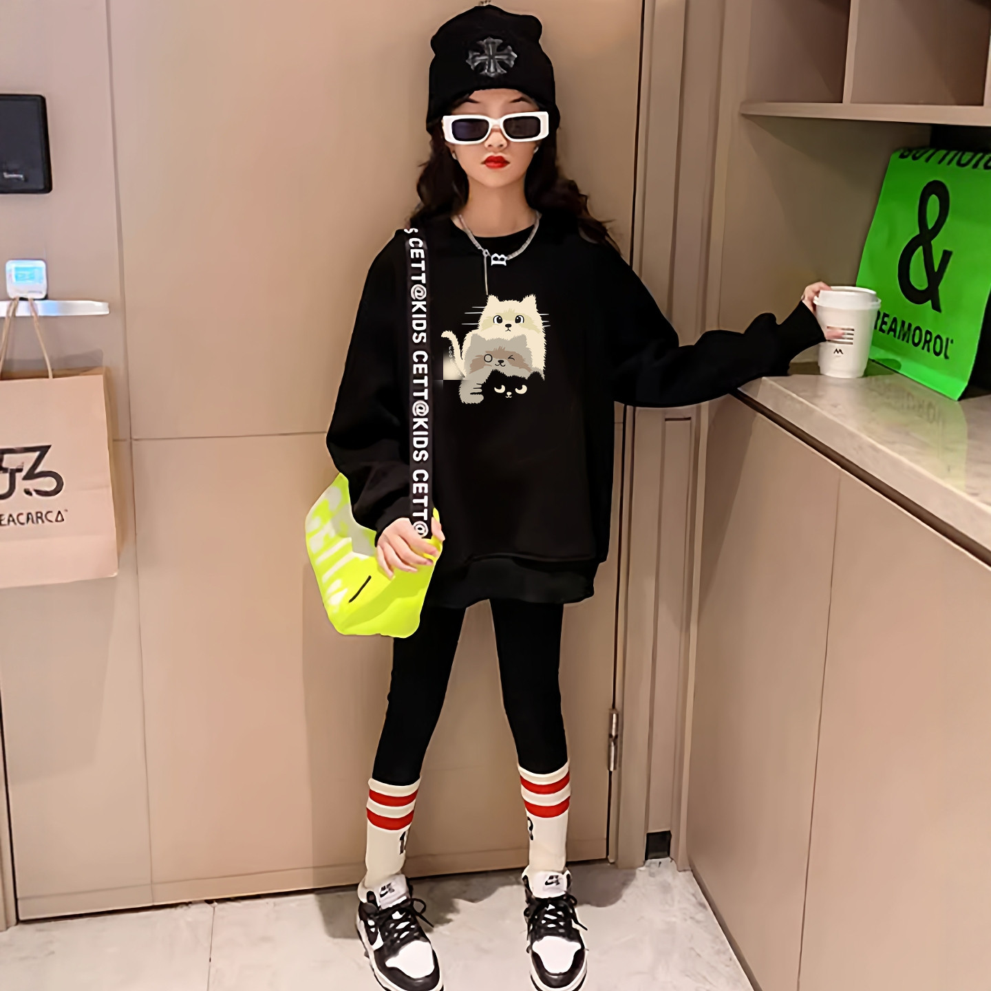 韩版童装女童卫衣猫咪可爱时尚百搭女孩宝宝上衣母女亲子装春秋款