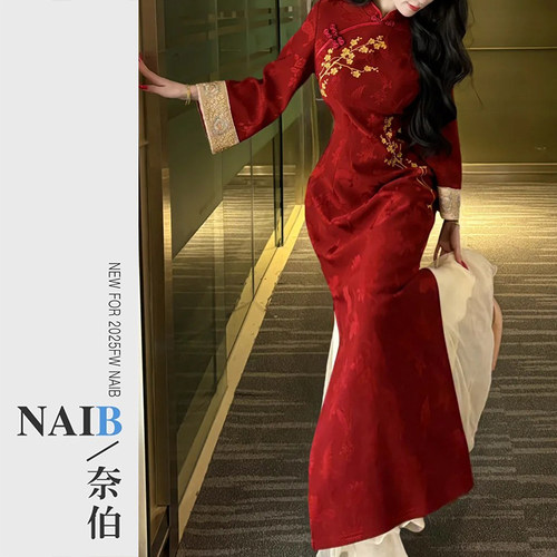 画报夫人复古红色旗袍结婚礼服