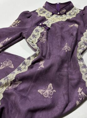 原创自制紫色旗袍女秋冬加绒款麂皮绒珠链蕾丝新中式国风礼服长裙