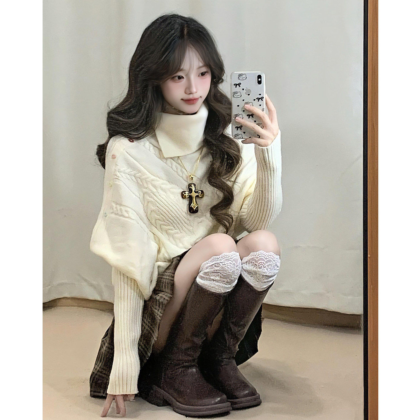 高领麻花毛衣斗篷外套女