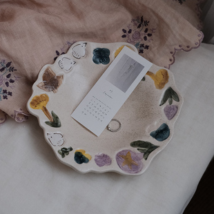 Lovely.复古芝麻釉手绘釉下彩花鸟不规则酸奶碗饭碗意面甜品盘