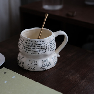 Lovely.英文插画手捏兔子陶瓷马克杯拉花咖啡拿铁杯