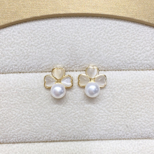 天然淡水珍珠耳钉诸暨猫眼石三叶草珍珠耳环高级2025新款耳饰女