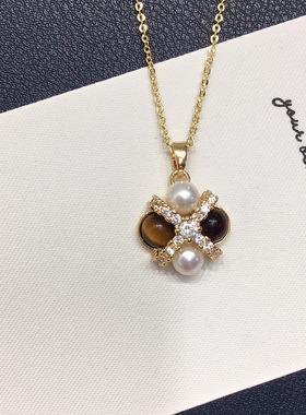 天然淡水珍珠项链多珠虎眼石吊坠