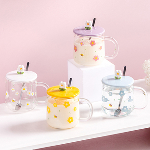 凉小词印花可爱透明高硼硅玻璃杯子耐热带盖把手勺燕麦牛奶水杯