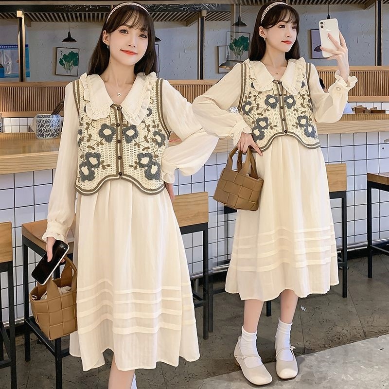 孕妇装春秋连衣裙套装2025新款舒适时尚小清新洋气马甲裙子两件套