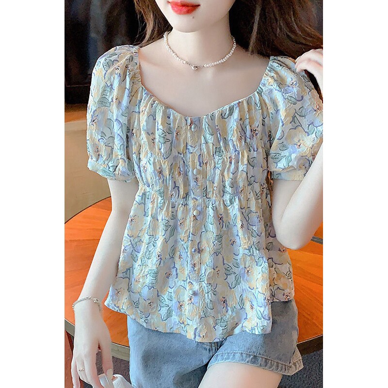 碎花短袖雪纺衬衫女夏季新款方领遮肚子小衫上衣别致漂亮洋气2026