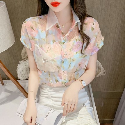 衬衣夏季短袖碎花雪纺小衬衫女装2025年新款洋气时尚气质时髦上衣
