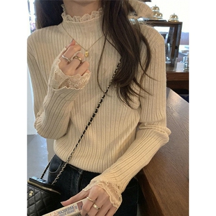 新款蕾丝花边打底衫女春秋半高领修身气质毛衣杏色长袖针织衫上衣
