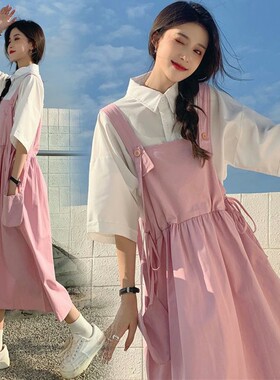 单/套装夏季复古背带连衣裙2026爆款收腰显瘦桔梗中长款两件套女