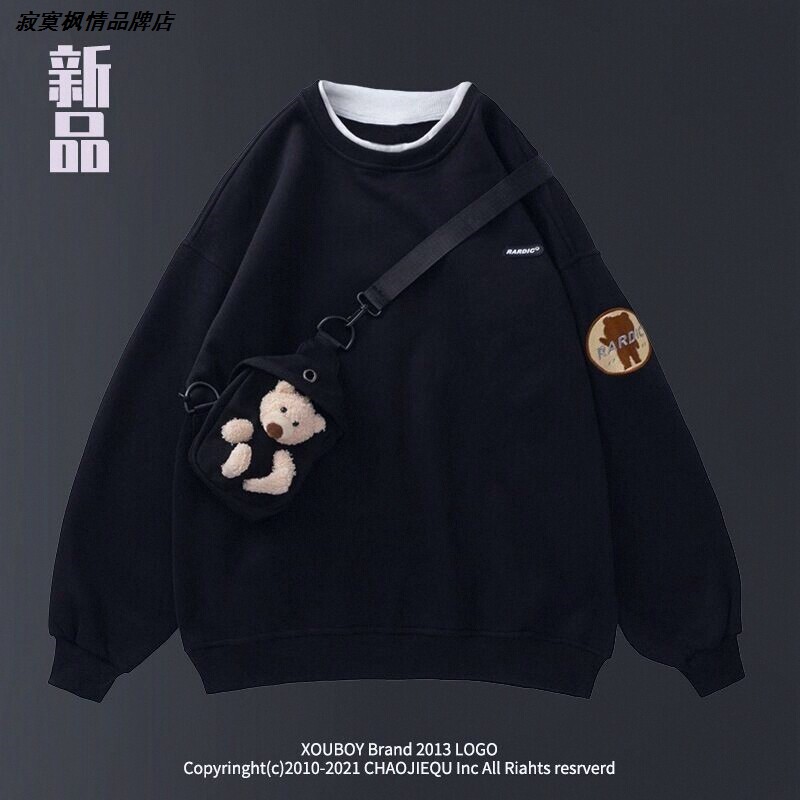 女韩版卫衣上衣潮圆领薄款宽松不网红子小熊白色学生带帽春秋