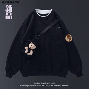 女韩版卫衣上衣潮圆领薄款宽松不网红子小熊白色学生带帽春秋