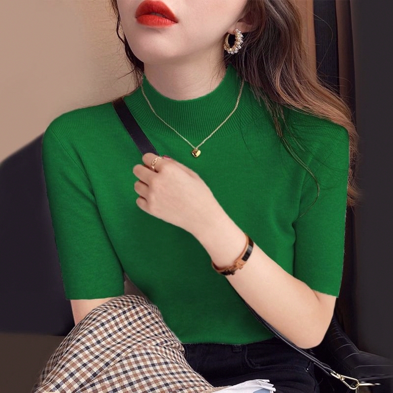2025春秋新款绿色短袖半高领针织打底衫女修身薄款五分袖别致上衣