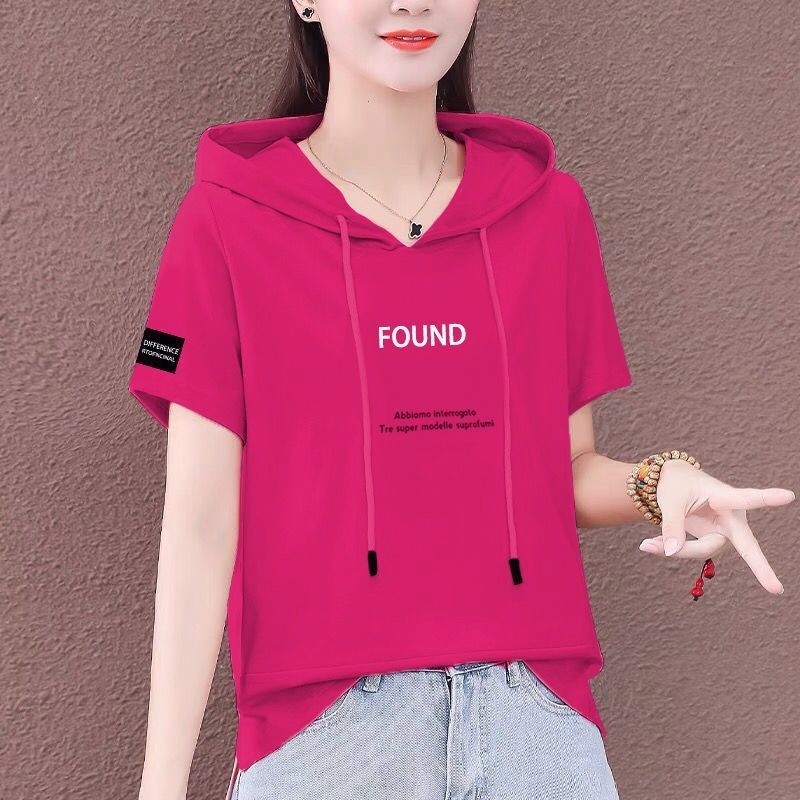 含棉短袖t恤女2025年夏装新款韩版宽松休闲ins上衣连帽套头卫衣潮