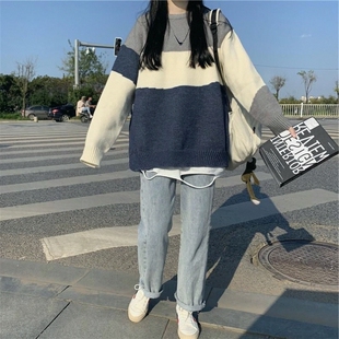 条纹针织衫毛衣韩版潮宽松秋冬外穿女拼色新款复古外套学生慵懒风
