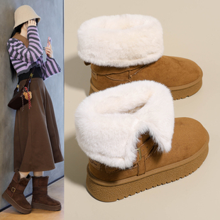 厚底雪地靴女2025新款冬季两穿加绒短靴皮毛一体棉靴棉鞋子女34码