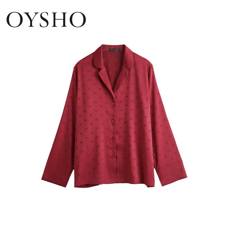 OYSHO女士衬衫款长袖秋冬睡衣上衣棉氨纶可外穿睡衣深红色
