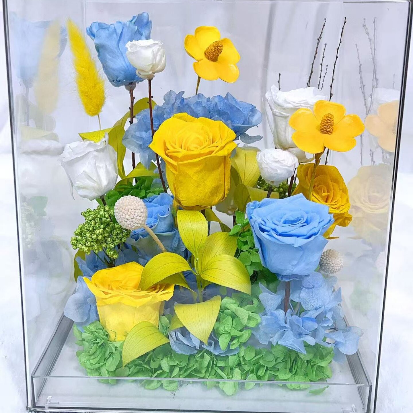 蓝黄色混搭花盒永生花花盒亚克力方盒真花保鲜花生日礼物