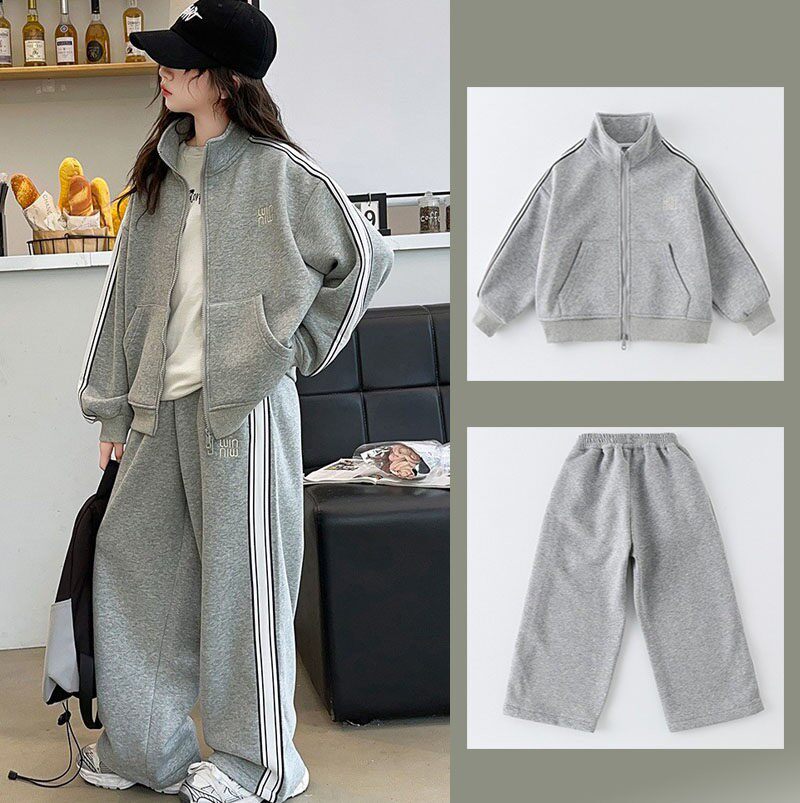 女童运动套装春秋洋气灰色外套中大童女孩春装卫衣棒球服开衫两件