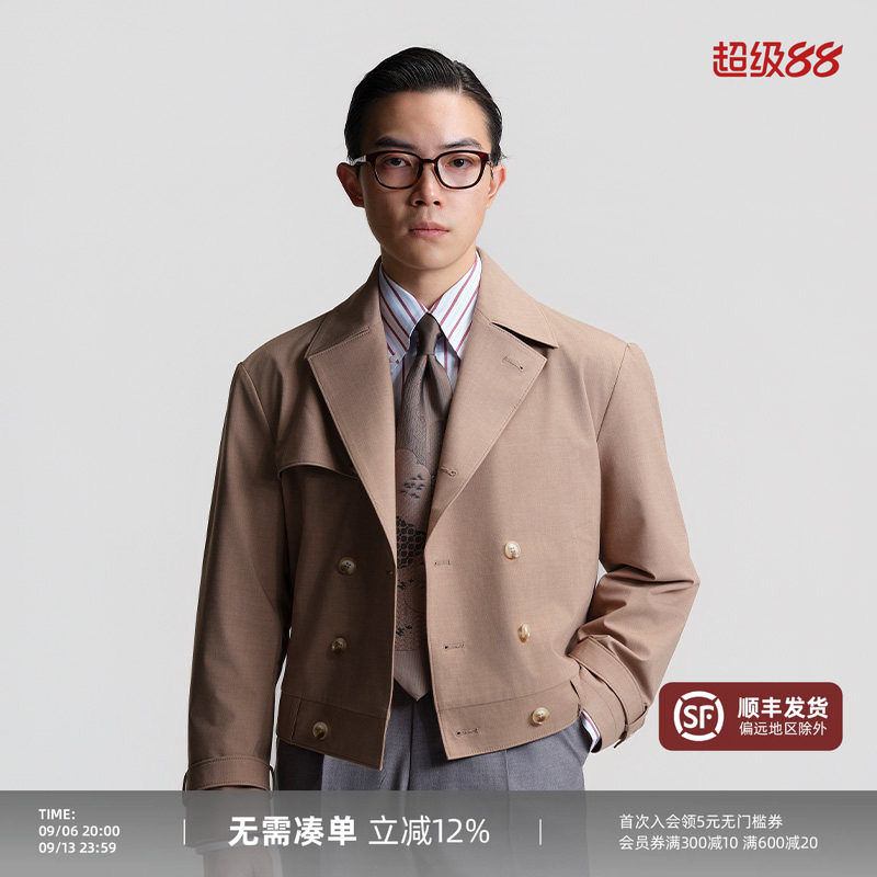 平圆方中休闲短款风衣式夹克男图片