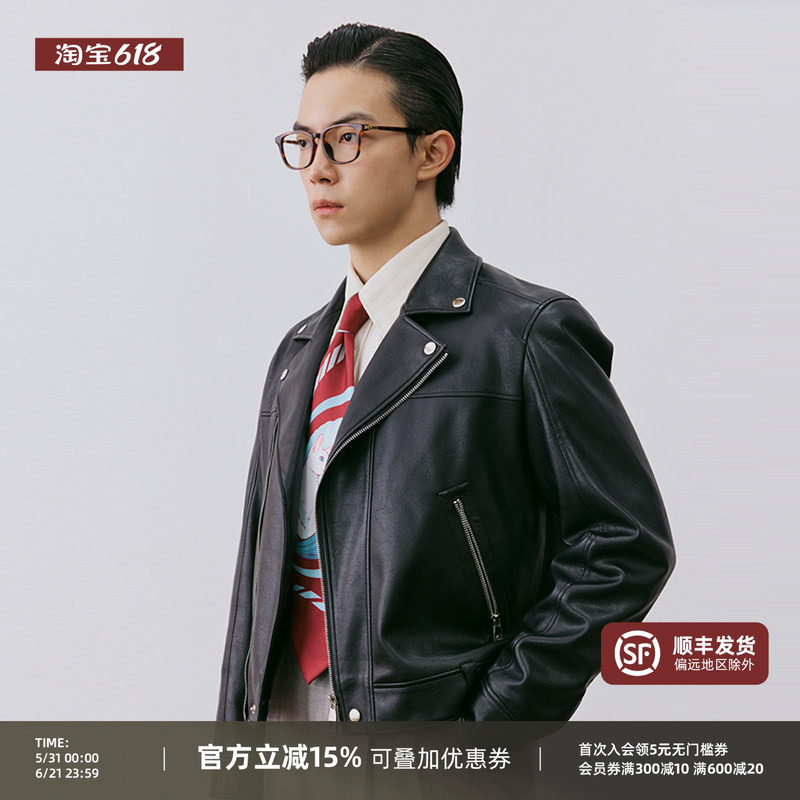 【美式复古】平圆方中春秋新款休闲PU酷飒翻领皮衣夹克外套男款