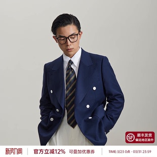 海军蓝双排扣西服单西 平圆方中白扣布雷泽西装 竹纤维蜂窝纹