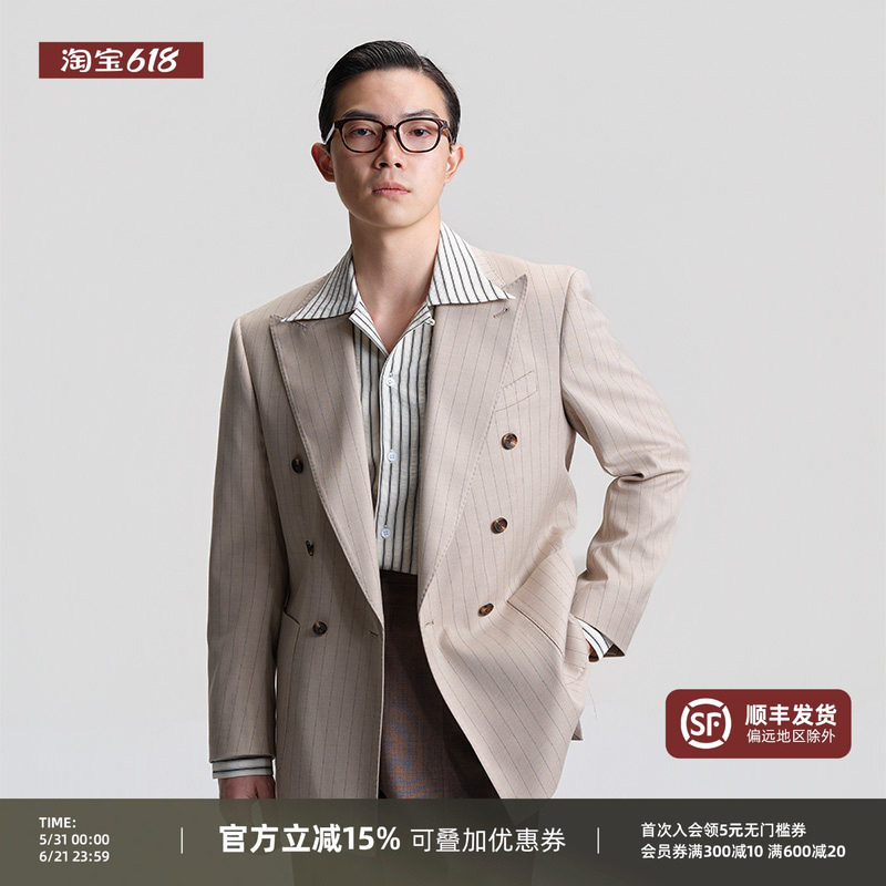 【双排扣戗驳领】平圆方中宽松版竖条纹双开衩西服套装男士西装