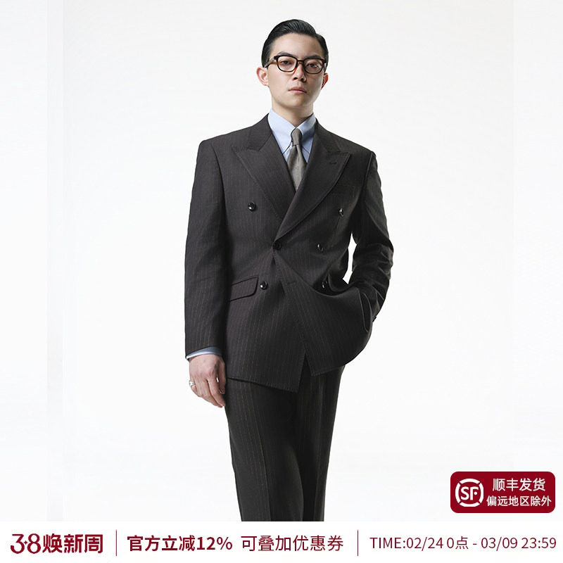 【黄金线戗驳领双排扣套装】平圆方中重磅商务条纹西装男士套装