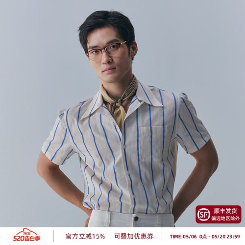 PYFZ古巴领帆索蓝条纹夏威夷衬衫