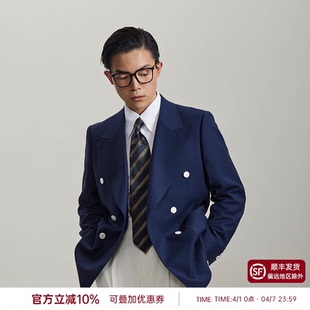 平圆方中白扣布雷泽西装 海军蓝双排扣西服单西 竹纤维蜂窝纹