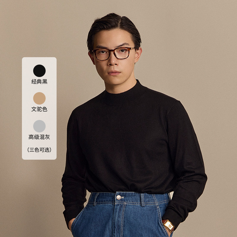 平圆方中半高领羊毛羊绒针织衫男图片
