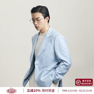【花纱亚麻肌理】平圆方中男士月海蓝意式瀑布袖单排扣西装外套