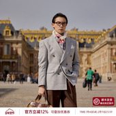 55%羊毛戗驳领西服 平圆方中双排扣浅花灰休闲西服外套男单西