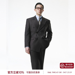 平圆方中商务正装 条纹西装 男士 黄金线戗驳领双排扣西服套装