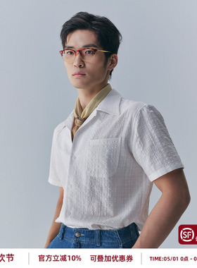 【高定肌理感】PYFZ古巴领白色短袖衬衫男轻薄透气休闲度假衬衣夏