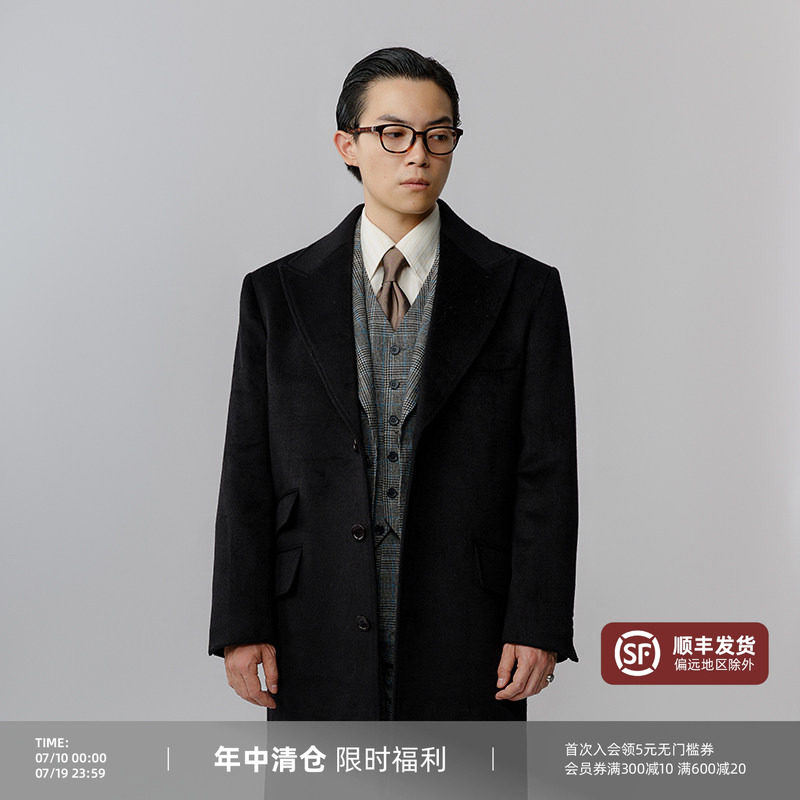平圆方中年戗驳领柴斯特毛呢大衣中长款风衣外套男