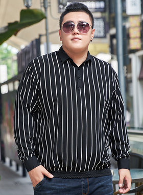 特胖男装加肥加大码竖条纹长袖翻领t恤宽松显瘦卫衣款秋装肥佬衫