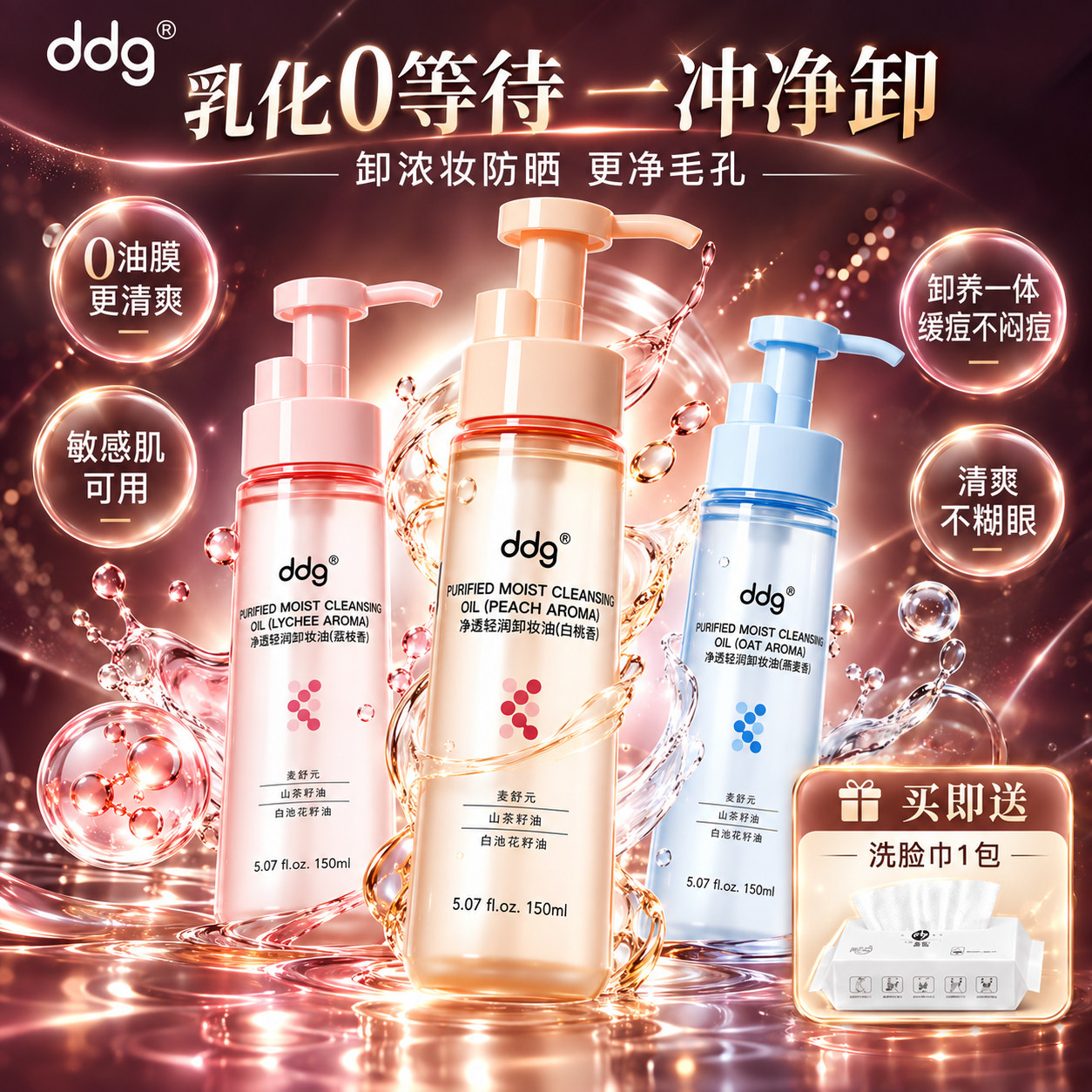 ddg卸妆油燕麦温和眼唇卸妆液水膏易乳化三合一深层清洁细致毛孔