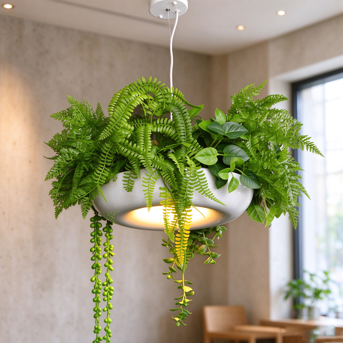 白色飞碟餐饮卡座绿植吊挂灯