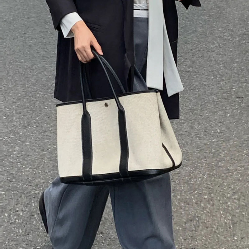 H家蜡线手缝进口牛皮花园包 Garden Party23 mini 帆布拼皮托特包