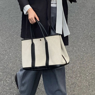 H家蜡线手缝进口牛皮花园包 Garden Party23 mini 帆布拼皮托特包