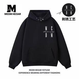 外套潮 街头刺绣重磅潮牌连帽衫 MEDM HEOAR双纽扣连帽卫衣男女美式