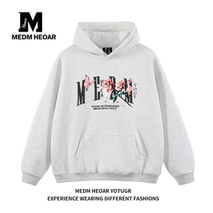 MEDM 休闲情侣宽松秋冬连帽上衣 HEOAR折纸玫瑰花连帽卫衣男女美式
