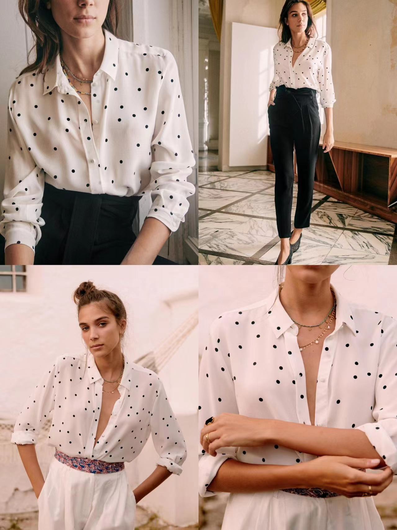 2024年夏季新款sezane女立领长袖套头衬衫圆点波点印花色宽松显瘦