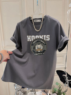 宽松灰色t恤女短袖 字母卡通上衣2025新款 唐老鸭潮牌大版 美式 夏季