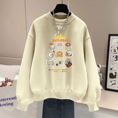 加绒宽松美食印花韩版圆领卫衣女
